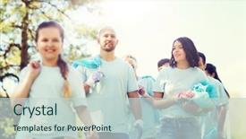  Presentation with ecology - Slide set with volunteers with garbage bags walk background and a  colored foreground