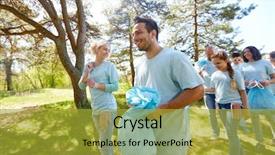  Presentation with charity - Amazing PPT theme having volunteers with garbage bags walk backdrop and a  colored foreground