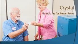  Presentation with volunteer - Beautiful PPT theme featuring voters - volunteer gives an i voted backdrop and a lemonade colored foreground
