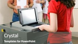  Presentation with florida - Presentation having electronic voting - young woman votes on florida's background and a gray colored foreground