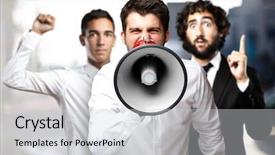  Presentation with employees rights - PPT theme consisting of voz - portrait of employees group shouting background and a light gray colored foreground