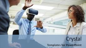  Presentation with brain waves mobile 2 headset - Theme with vr - colleagues looking at businessman background and a light blue colored foreground