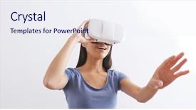  Presentation with man watching woman preparing vegetables - Slides featuring vr - woman watching with vr device background and a sky blue colored foreground