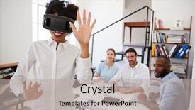  Presentation with office - Beautiful slides featuring vr - woman wearing vr goggles watched backdrop and a light gray colored foreground