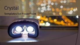  Presentation with mri device - Beautiful theme featuring vr device with cityscape background backdrop and a coral colored foreground