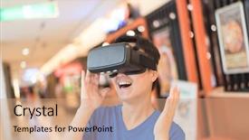  Presentation with virtual reality - Cool new presentation theme with dream video - smile happy man getting experience backdrop and a coral colored foreground