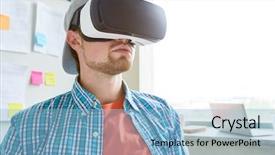  Presentation with student - Colorful slide set enhanced with vr headset watching educational video backdrop and a light blue colored foreground