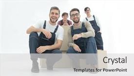  Presentation with stack - Audience pleasing PPT theme consisting of w - smiling young delivery men holding backdrop and a light gray colored foreground