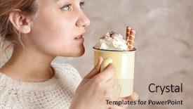  Presentation with cocoa - Amazing theme having waffle roll - woman holding metal mug backdrop and a coral colored foreground