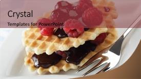  Presentation with waffles - Slides consisting of waffles with raspberries and chocolate sauce closeup background and a tawny brown colored foreground