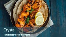  Presentation with wages - PPT theme featuring wages - delicious boneless chicken kebab background and a ocean colored foreground