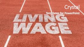  Presentation with running - PPT layouts consisting of wages - living wage written on running background and a coral colored foreground