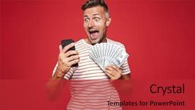  Presentation with mobile money - PPT layouts featuring wages - portrait of a joyful man background and a red colored foreground