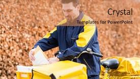  Presentation with man riding big bike motor - Beautiful theme featuring wages - postman riding his cargo bike backdrop and a coral colored foreground