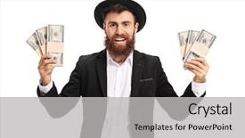  Presentation with vernier caliper bearing isolated - Cool new PPT theme with wages spending - excited bearded man with bundles backdrop and a light gray colored foreground