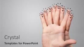  Presentation with team building - Colorful slide set enhanced with waggish-happy-fingers-with-team backdrop and a light gray colored foreground