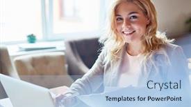  Presentation with windows - Slides featuring waist-up portrait of cheerful young manager looking at camera with toothy smile while working on laptop interior of modern office with panoramic windows on background background and a light blue colored foreground