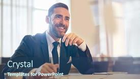  Presentation with entrepreneur - Presentation enhanced with waist-up portrait of cheerful bearded entrepreneur looking away with toothy smile while working on promising project at spacious office background and a ocean colored foreground