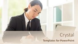  Presentation with business partner - Audience pleasing PPT theme consisting of waist-up portrait of confident asian entrepreneur wearing classical suit sitting at office desk and taking notes while preparing for important negotiations with business partner backdrop and a lemonade colored foreground