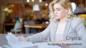  Presentation with business partner - Theme enhanced with waist-up portrait of confident blond-haired entrepreneur sitting at cafe table and taking necessary notes while preparing for important negotiations with business partner background and a light blue colored foreground