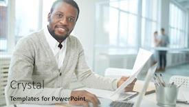  Presentation with entrepreneur - Slide deck featuring waist-up portrait of handsome african american entrepreneur posing for photography with wide smile while sitting at office desk and finishing ambitious project background and a light gray colored foreground