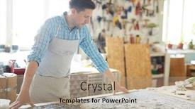  Presentation with mosaic - Colorful slide set enhanced with waist up portrait of modern artisan wearing apron working with mosaic tiles in workshop studio copy space backdrop and a coral colored foreground