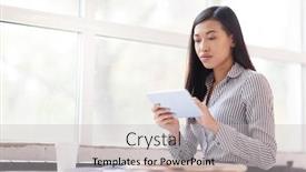  Presentation with internet surfing - Presentation theme with waist-up-portrait-of-pretty background and a light gray colored foreground