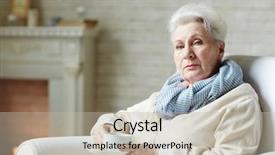  Presentation with deep blue - Presentation theme featuring waist-up portrait of retired woman in striped scarf looking at camera with deep blue eyes and drinking tea in living room background and a mint green colored foreground