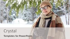  Presentation with cocoa - Audience pleasing theme consisting of waist up portrait of smiling young woman in winter resort posing holding cup with hot cocoa and looking at camera copy space backdrop and a light gray colored foreground