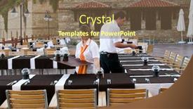  Presentation with restaurant waiter - PPT layouts enhanced with waiter and waitress preparing restaurant background and a tawny brown colored foreground