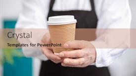  Presentation with take - PPT theme consisting of waiter-barista-holding-and-serving background and a coral colored foreground