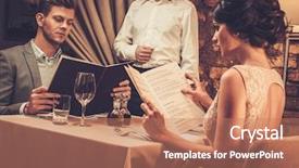  Presentation with restaurant menu - Beautiful PPT theme featuring waiter explaining the menu backdrop and a coral colored foreground