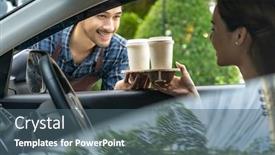  Presentation with car service - Beautiful slides featuring waiter-giving-hot-coffee-cup backdrop and a ocean colored foreground