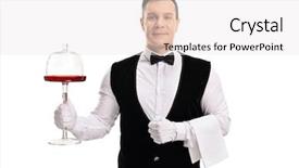  Presentation with server - Amazing PPT layouts having waiter holding a cake server backdrop and a white colored foreground