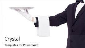  Presentation with waiter - Beautiful PPT theme featuring waiter holding an empty silver backdrop and a white colored foreground