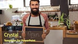  Presentation with grand opening cafe - Slide deck having waiter holding blackboard with open background and a tawny brown colored foreground