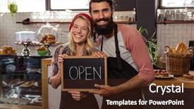  Presentation with waiter - Amazing PPT layouts having waiter holding blackboard with open backdrop and a tawny brown colored foreground