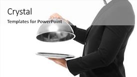  Presentation with waiter - PPT layouts enhanced with waiter holding metal tray background and a white colored foreground