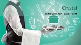  Presentation with waiter - PPT theme featuring waiter-holding-silver-tray background and a mint green colored foreground