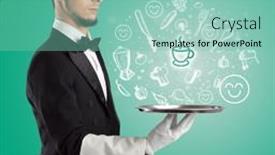  Presentation with waiter - Slides with waiter-holding-silver-tray background and a seafoam green colored foreground
