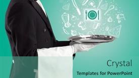  Presentation with waiter - Presentation theme enhanced with waiter-holding-silver-tray background and a seafoam green colored foreground