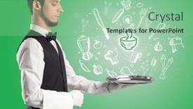  Presentation with waiter - PPT layouts with waiter-holding-silver-tray background and a seafoam green colored foreground