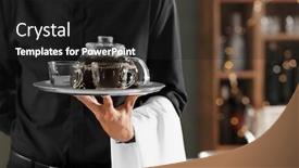  Presentation with glass teapot - Colorful presentation theme enhanced with waiter holding tray with glass teapot and cups in restaurant backdrop and a dark gray colored foreground