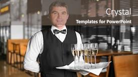  Presentation with two glasses of champagne - Beautiful PPT theme featuring waiter holding tray with glasses of champagne indoors backdrop and a tawny brown colored foreground