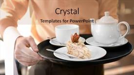  Presentation with teapot - Audience pleasing PPT theme consisting of waiter holding tray with teapot backdrop and a coral colored foreground