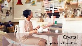  Presentation with coffee shop - Beautiful PPT theme featuring waiter in a coffee shop backdrop and a coral colored foreground