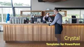  Presentation with restaurant waiter - Beautiful presentation theme featuring waiter-in-a-medical-protective backdrop and a tawny brown colored foreground