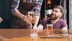  Presentation with full length portrait two men women brown sweater - Presentation theme having waiter in brown apron bringing background and a coral colored foreground