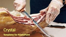  Presentation with restaurant waiter - Colorful slides enhanced with waiter is slicing jamon prosciutto in restaurant toned image backdrop and a tawny brown colored foreground