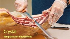  Presentation with restaurant waiter - PPT layouts enhanced with waiter is slicing jamon prosciutto in restaurant background and a red colored foreground
